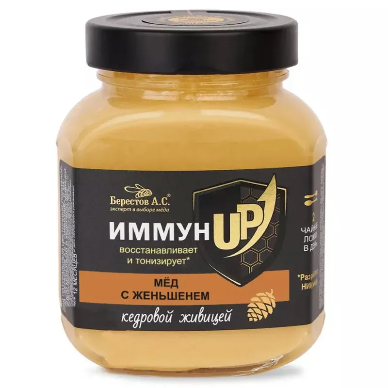 1-1 Натуральный мед Полифлор с кедровой смолой и женьшенем ИммунУП Берестов 1,1фунт