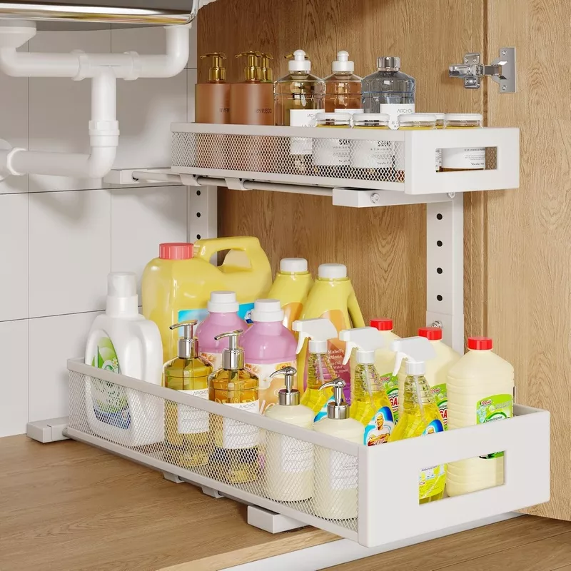 1-pack-19in-depth-under-sink-storage-organizer-large-2-tier-elegant-mesh-pull-ou 1 Pack 19IN Depth Under Sink Storage Organizer, Large 2-Tier Elegant Mesh Pull Out Shelf for Kitchen and Bathroom Cabinet Organization, L-Shaped and Adjustable Height Design-White