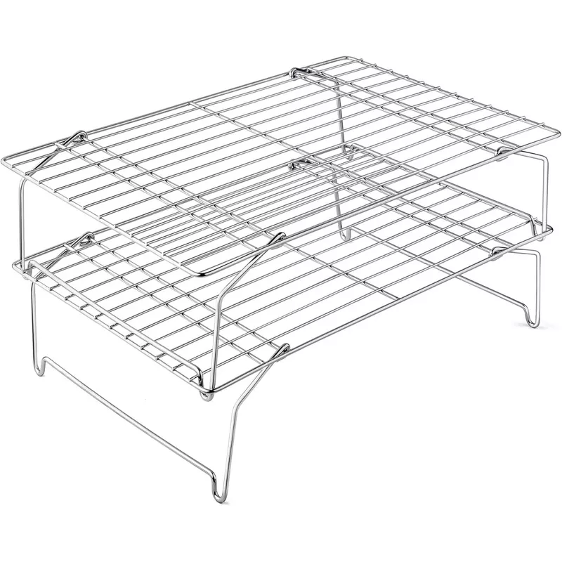 15IN x 10IN Cooling Baking Rack Set of 2, Leonyo 2-Tier Stackable Stainless Steel Wire Baking Cooking Racks Set for Cookie, Pizza, Cup Cake, Raised & Folding Feet