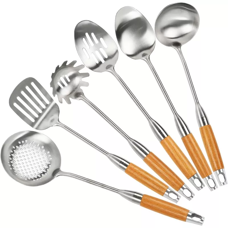 18-8-stainless-steel-kitchen-utensils-set-with-wood-handle-6-pcs-15-inch-cooking 18/8 Stainless Steel Kitchen Utensils Set with Wood Handle, 6 Pcs 15 inch Cooking Utensils Tools, Turner, Ladle, Spoons & Pasta Server