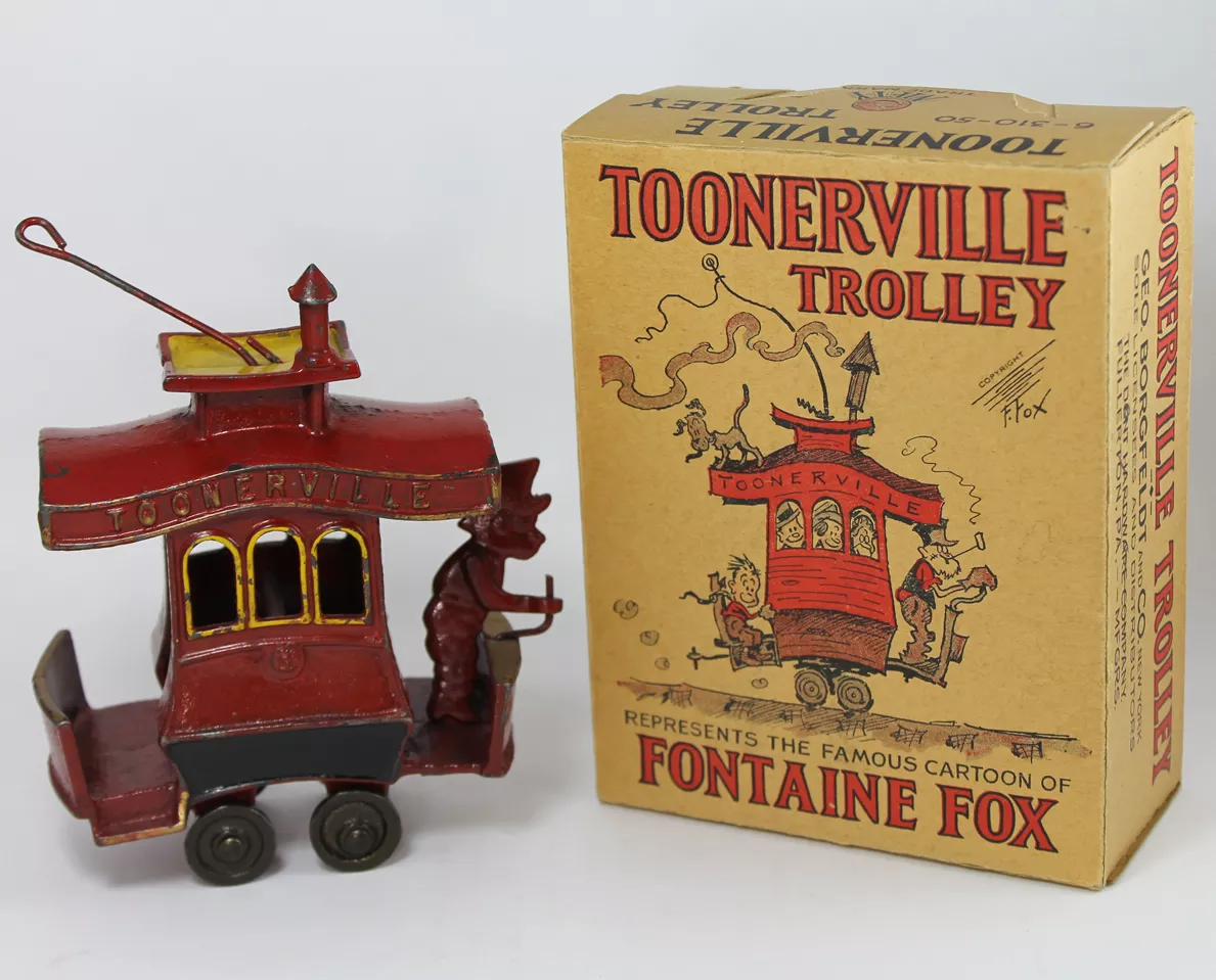 1920-s-cast-iron-toonerville-trolley-toy-by-dent-mfg-with-box-bargain-john-s-ant 1920's Cast Iron Toonerville Trolley Toy by Dent Mfg. with Box - Bargain John's Antiques