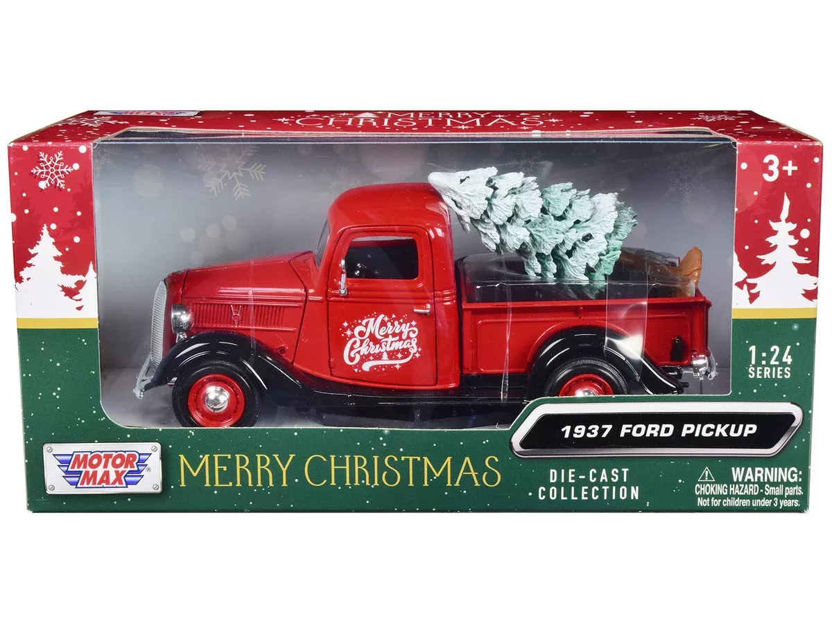 1937-ford-pickup-truck-red-black-merry-christmas-with-tree-acces 1937 Ford Pickup Truck Red and Black "Merry Christmas" with Tree Acces
