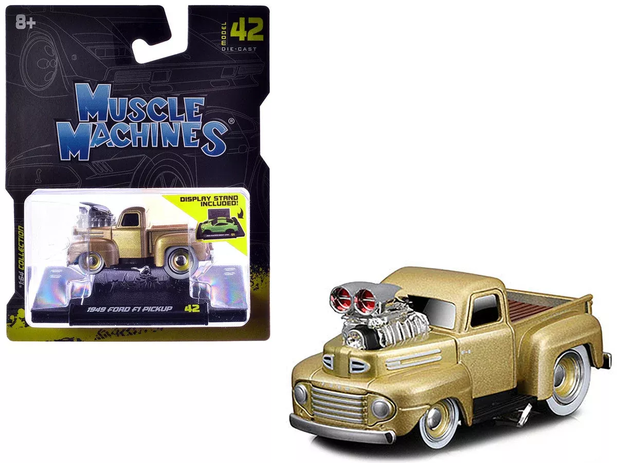 1949-ford-f1-pickup-truck-gold-metallic-1-64-diecast-model-car-by-musc 1949 Ford F1 Pickup Truck Gold Metallic 1/64 Diecast Model Car by Musc