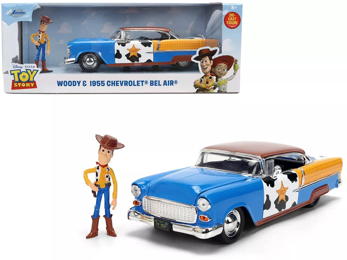 1955-chevrolet-bel-air-blue-with-graphics-woody-diecast-figure-to 1955 Chevrolet Bel Air Blue with Graphics and Woody Diecast Figure "To