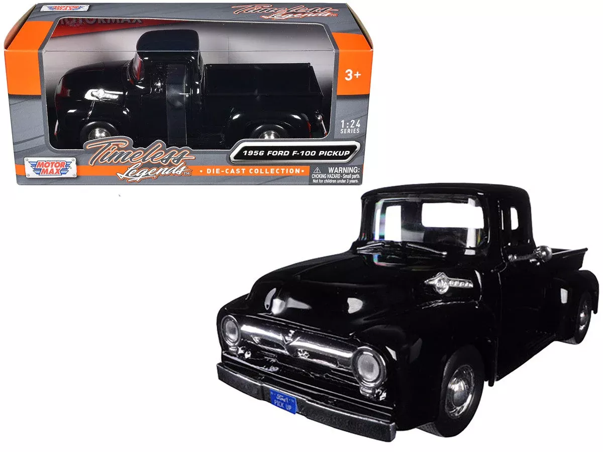 1956-ford-f-100-pickup-truck-black-1-24-diecast-model-by-motormax 1956 Ford F-100 Pickup Truck Black 1/24 Diecast Model by Motormax