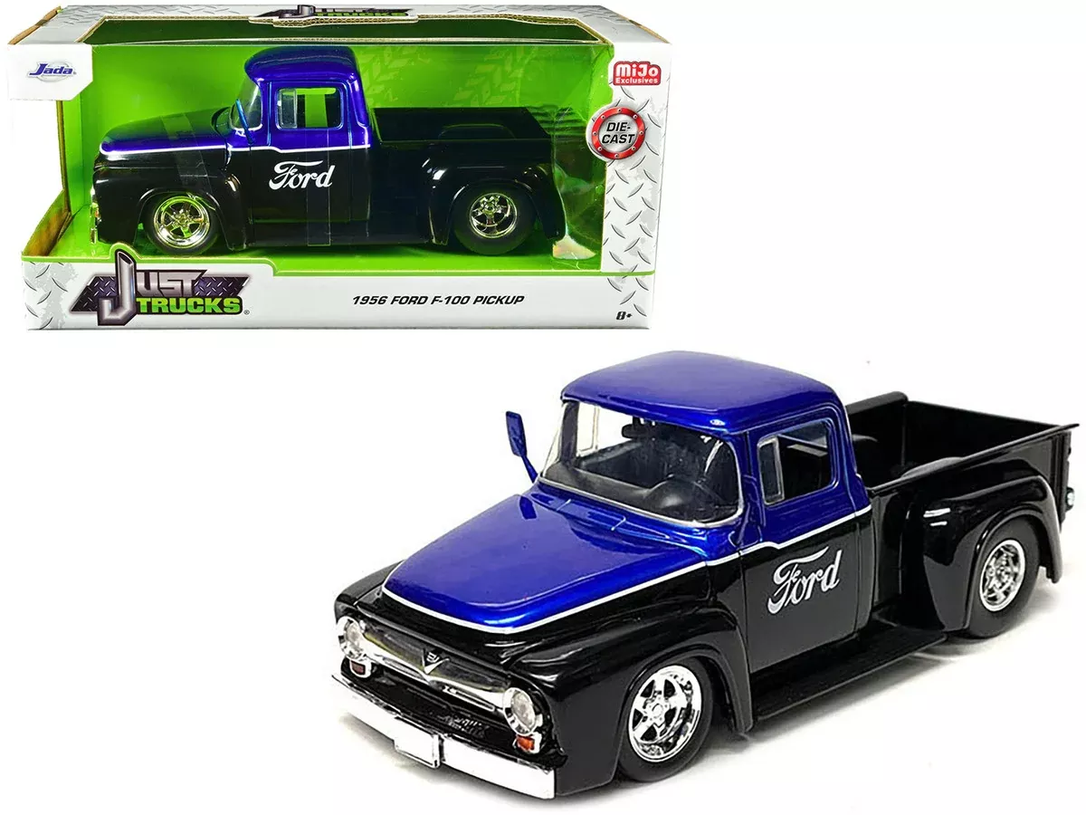 1956-ford-f-100-pickup-truck-black-blue-metallic-with-ford-graphic 1956 Ford F-100 Pickup Truck Black and Blue Metallic with Ford Graphic
