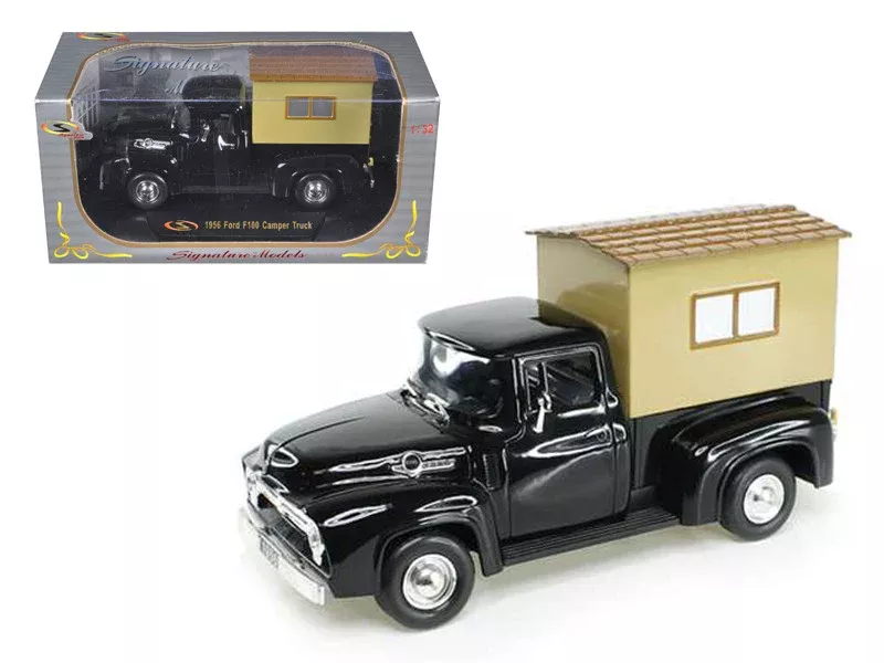 1956-ford-f-100-pickup-truck-black-with-camper-1-32-diecast-model-car 1956 Ford F-100 Pickup Truck Black with Camper 1/32 Diecast Model Car
