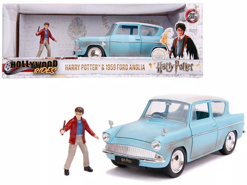 1959-ford-anglia-light-blue-weathered-with-harry-potter-diecast-figu 1959 Ford Anglia Light Blue (Weathered) with Harry Potter Diecast Figu