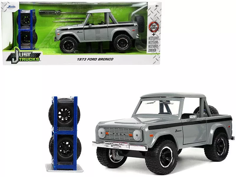1973-ford-bronco-pickup-truck-gray-with-black-stripes-with-extra-wheel 1973 Ford Bronco Pickup Truck Gray with Black Stripes with Extra Wheel