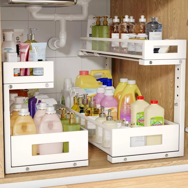 2-pack-20-47in-depth-under-sink-storage-organizer-large-2-tier-elegant-mesh-pull 2 Pack 20.47IN Depth Under Sink Storage Organizer, Large 2-Tier Elegant Mesh Pull Out Shelf for Kitchen and Bathroom Cabinet Organization, L-Shaped and Adjustable Height Design-Gun Gray