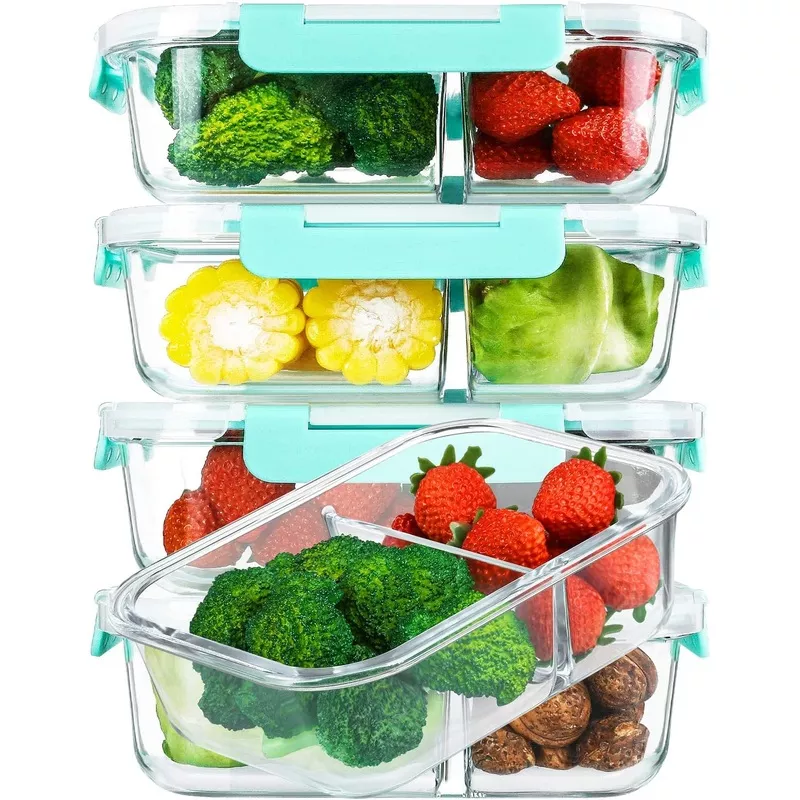 [5-Pack,36 Oz]Glass Meal Prep Containers 2 Compartments Portion Control with Upgraded Snap Locking Lids Glass Food Storage Containers, Microwave, Oven, Freezer and Dishwasher (4.5 Cups, Green)