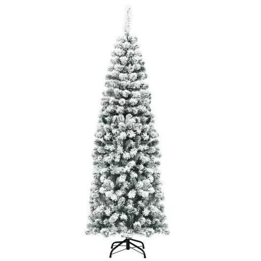 6ft-unlit-hinged-snow-flocked-artificial-pencil-christmas-tree-with-50 6Ft Unlit Hinged Snow Flocked Artificial Pencil Christmas Tree with 50