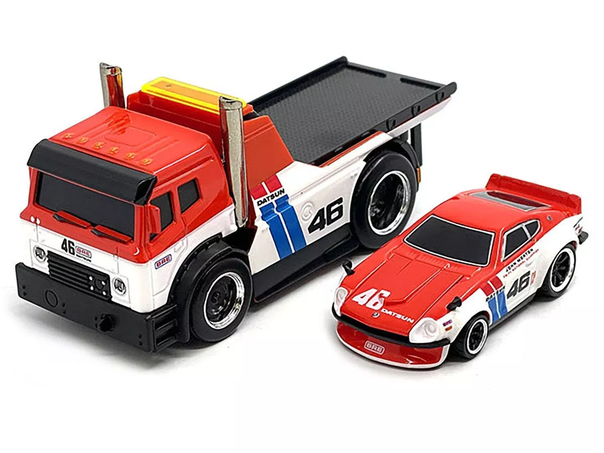 jdm-flatbed-truck-46-red-white-with-blue-stripes-1972-datsun JDM Flatbed Truck #46 Red and White with Blue Stripes and 1972 Datsun