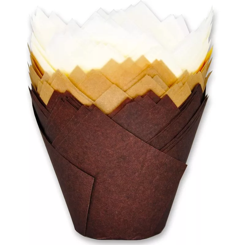 jumbo-extra-large-size-natural-brown-white-tulip-baking-cups-2-1-4-base-diameter (JUMBO EXTRA LARGE size) Natural+Brown+White Tulip Baking Cups 2-1/4"(Base diameter) x 3-3/4"(Wall height) Greaseproof paper baking cupcake Muffin liners, Case of 130 pcs